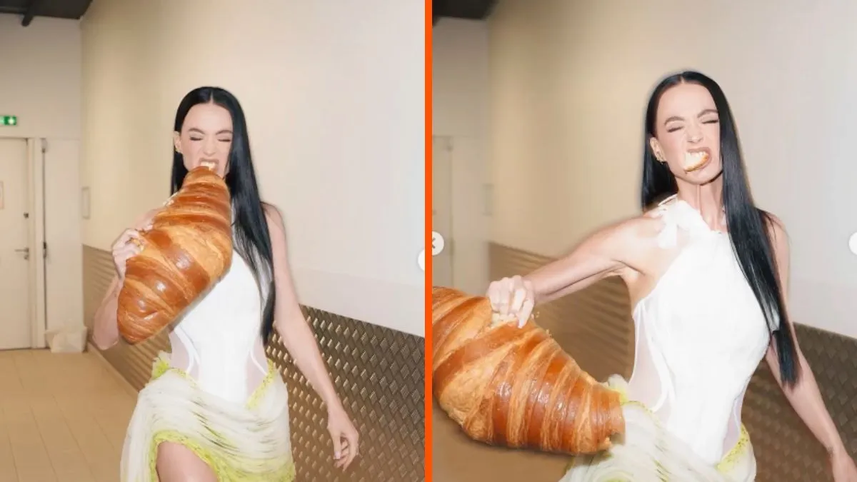 Katy Perry ăn bánh sừng bò khổng lồ khi kỷ niệm chuyến thăm Paris trong chiếc váy ngắn Mugler